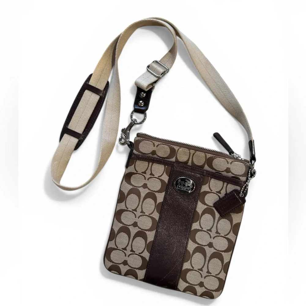 Coach Tan and Dark Brown Signature Crossbody Messenger Bag - Picture 1 of 5